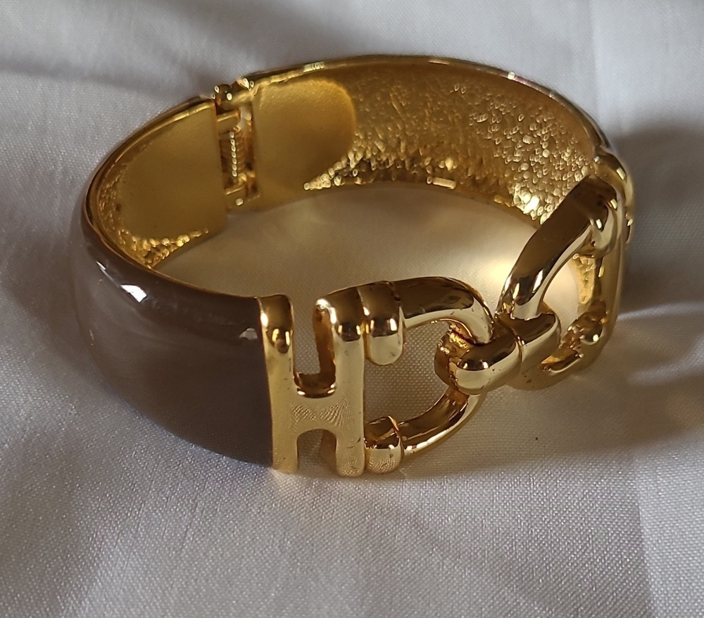 Gold & Brown Hinged Bangle Cuff Bracelet, Gold Tone Brown Enamel, No Stone